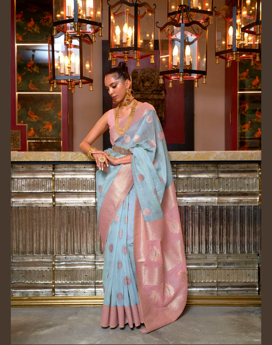 Mist Blue and Pink Linen Silk Woven Saree 