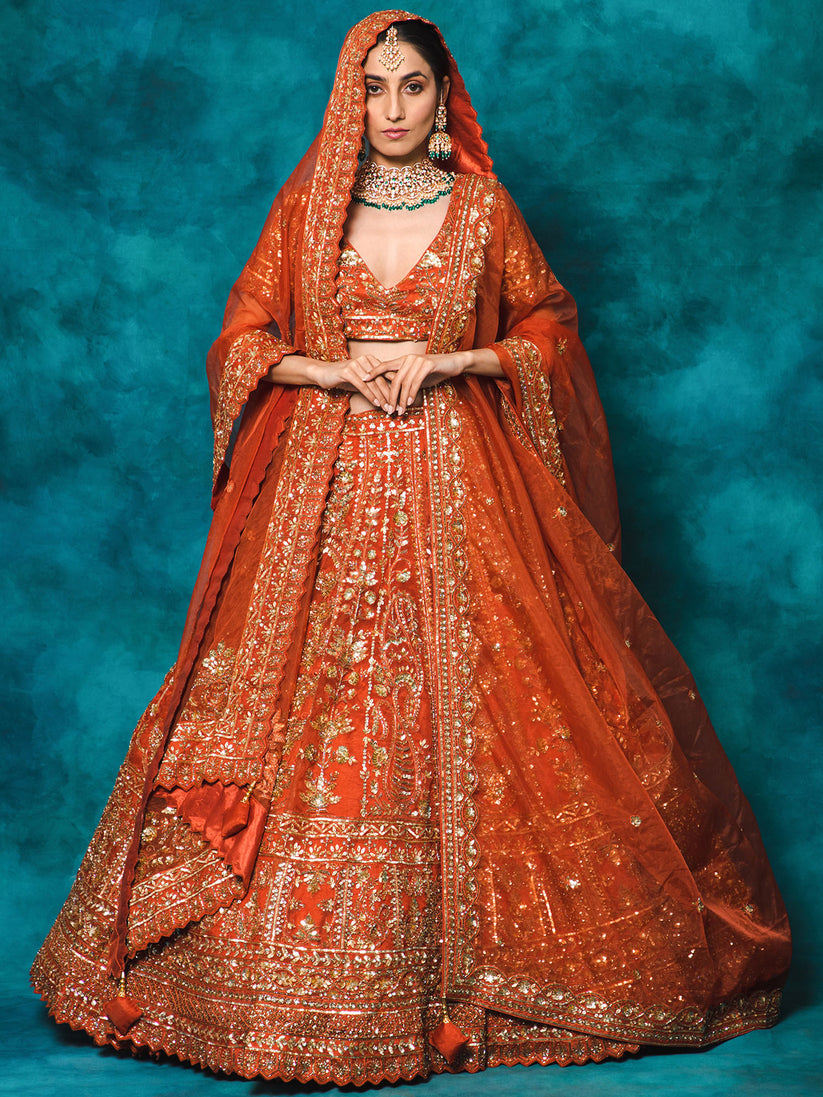 Orange Designer Organza Embroidered Bridal Lehenga