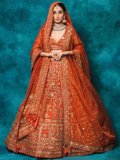 Orange Designer Organza Embroidered Bridal Lehenga