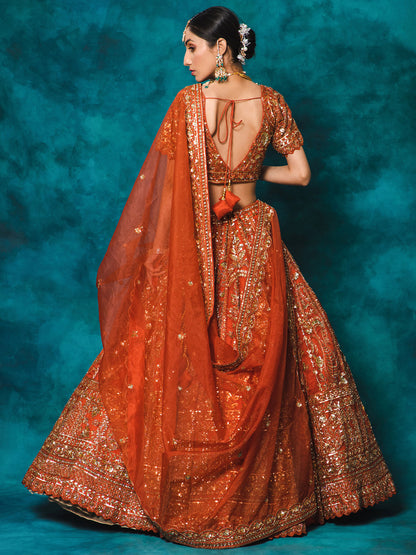 Orange Designer Organza Embroidered Bridal Lehenga