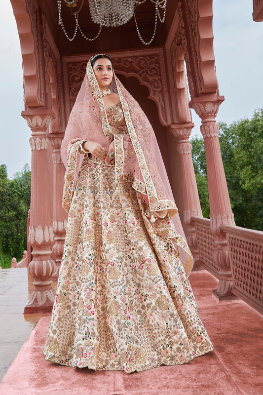 Cream Color Silk Bridal Lehenga Choli for Wedding