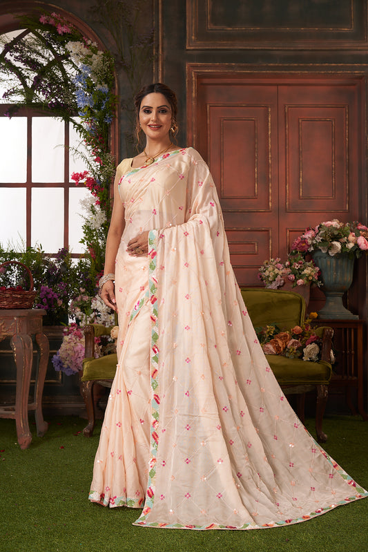 Peach Color Hand Embroidered Organza Saree