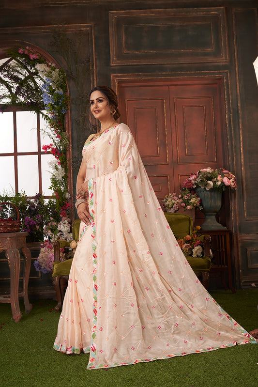 Peach Color Hand Embroidered Organza Saree