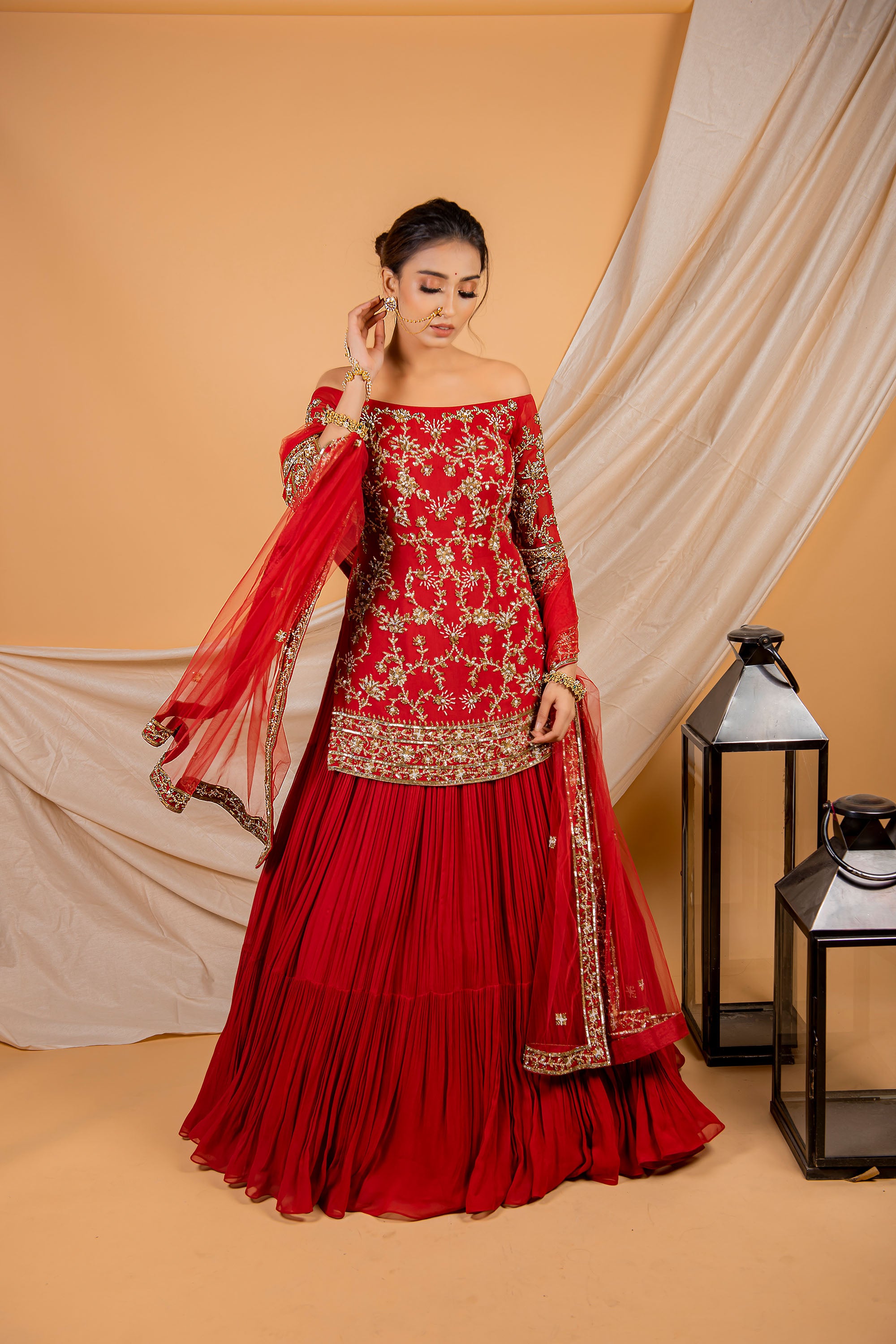 Red Orange Bridal Layered Kurta Lehenga Set – Jiya by Veer Design Studio