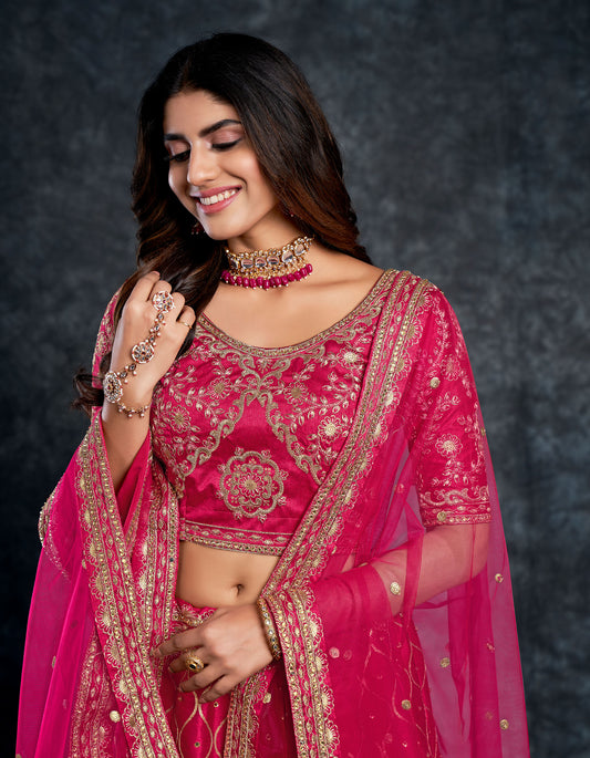 Pink Color Italian Silk Zari Embroidery Bridal Lehenga