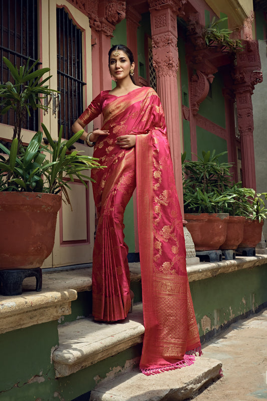 Bright Pink Golden Zari Banarasi Satin Silk Saree