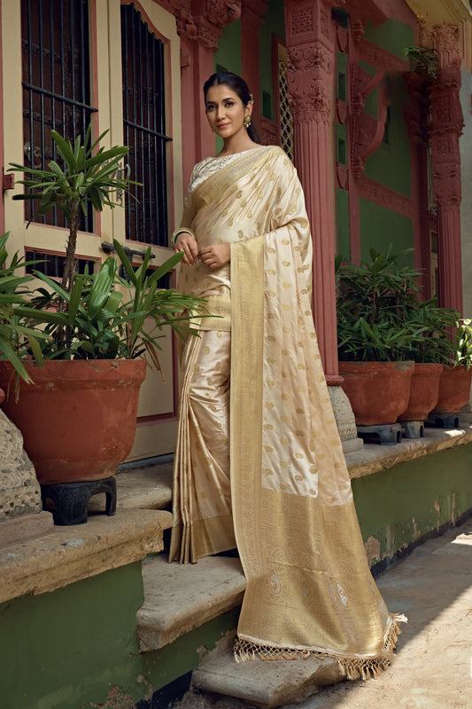Ivory White Golden Zari Banarasi Satin Silk Saree