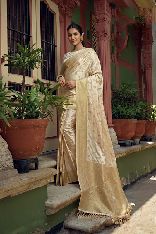 Ivory White Golden Zari Banarasi Satin Silk Saree
