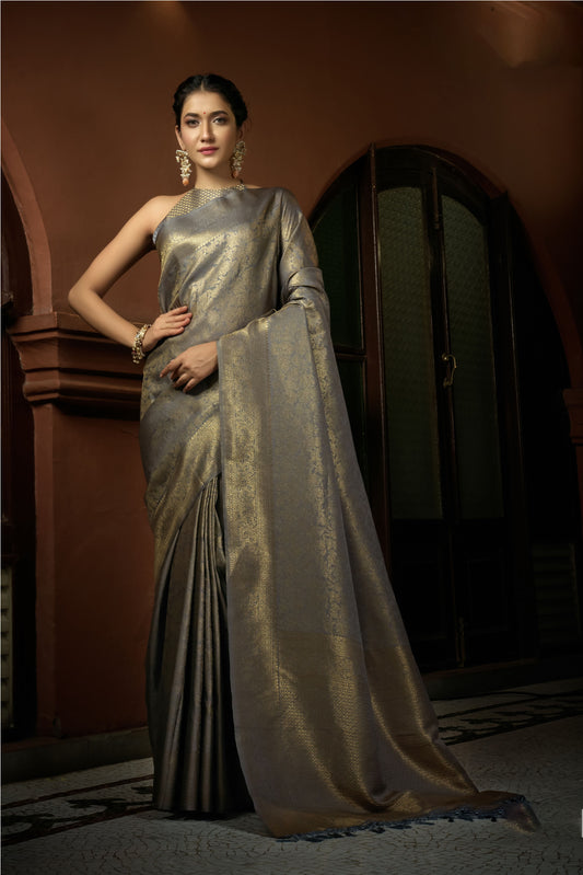 Platinum Grey Color Golden Zari Kanjeevaram Silk Saree