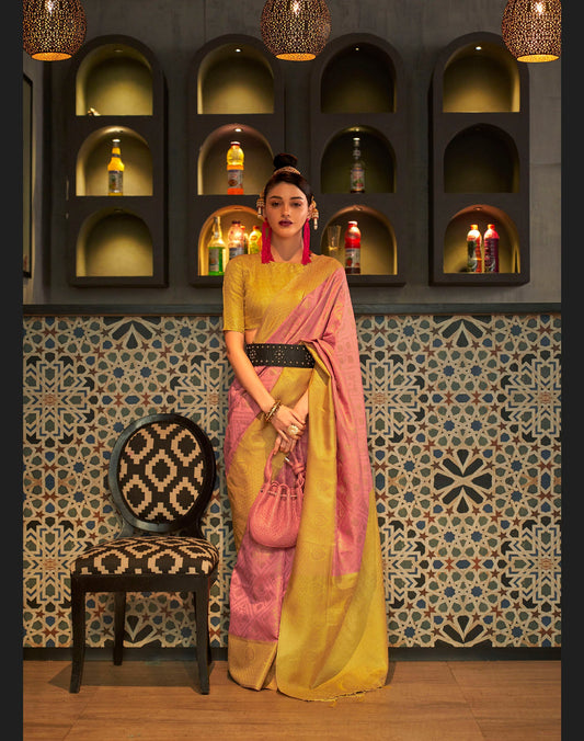 Pink and Yellow Zari Base Kanjivaram Silk Saree