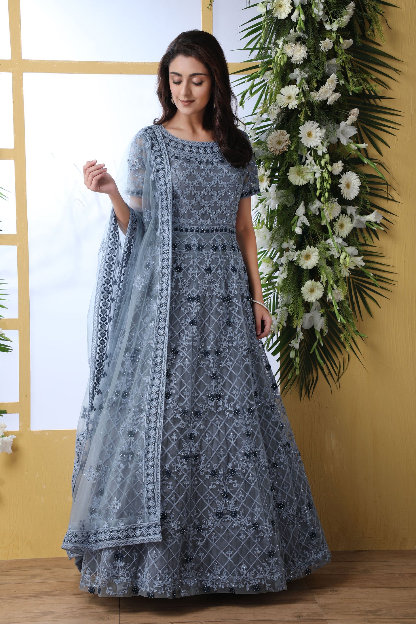 Marvelous Grey Color Net Anarkali for Sangeet