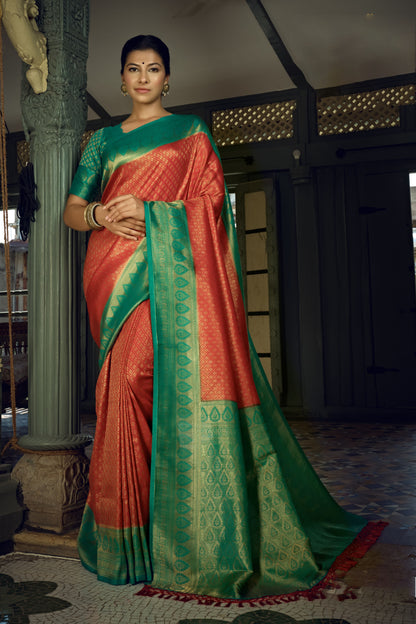 Crimson Red Color Golden Zari Kanjeevaram Silk Saree