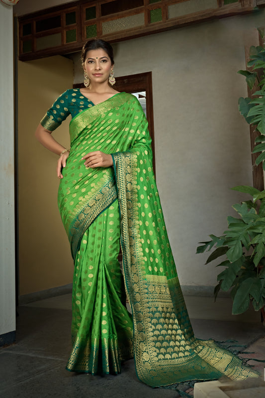 Emerald Green Color Banarasi Raw Silk Saree