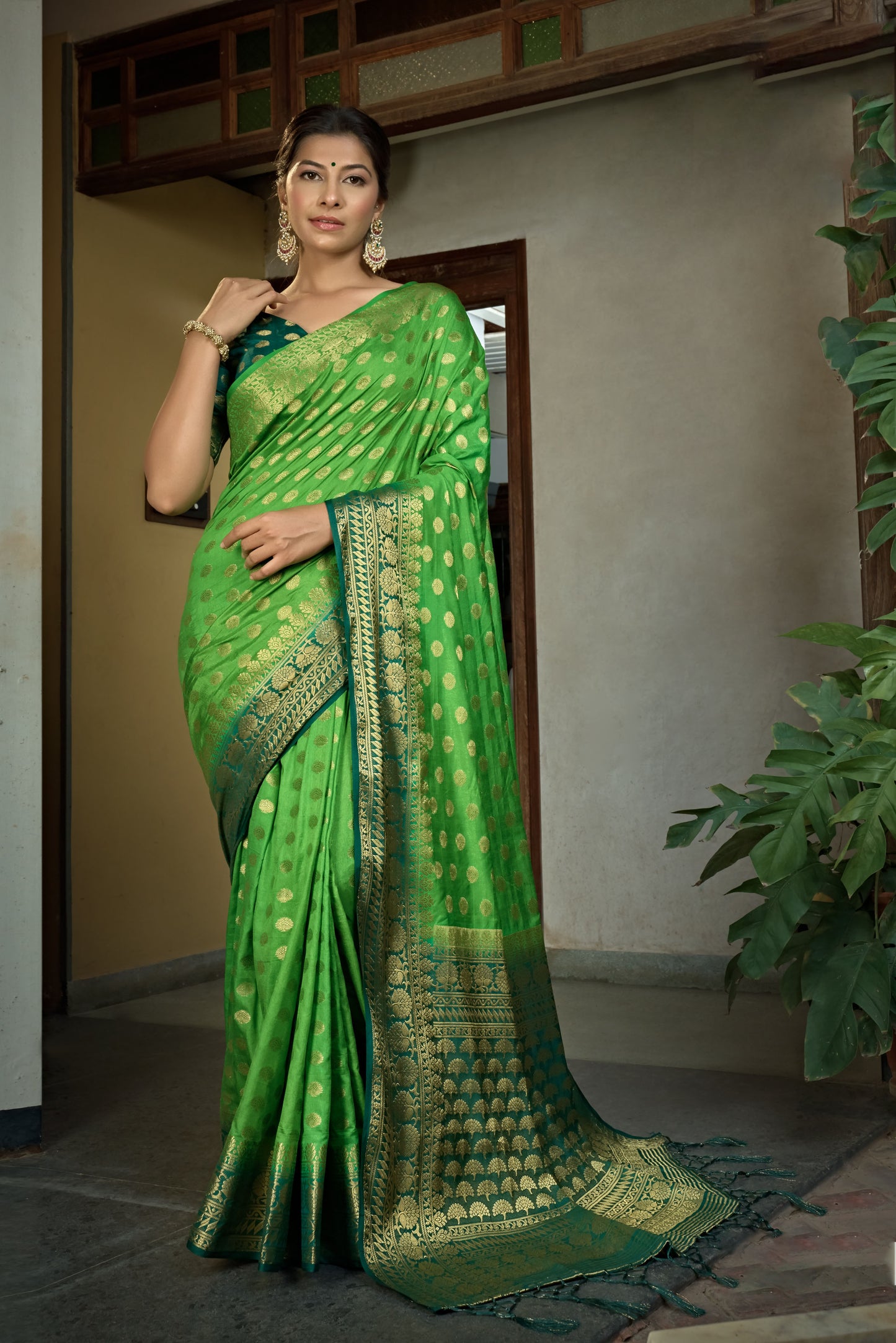 Emerald Green Color Banarasi Raw Silk Saree