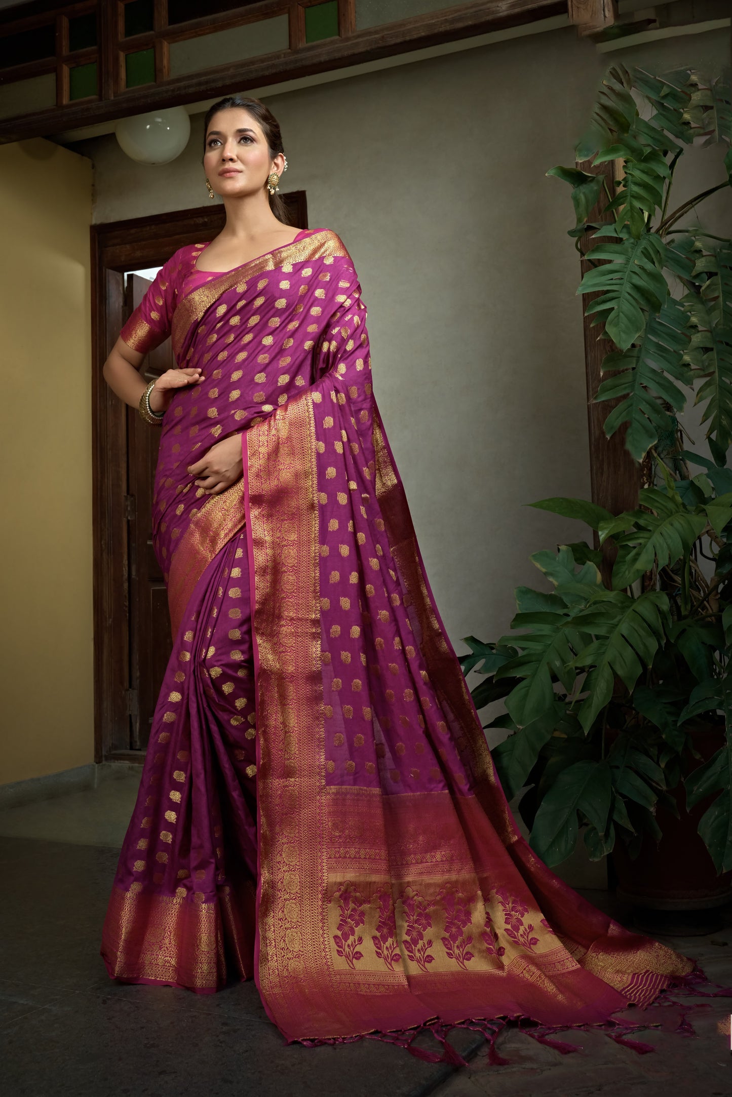 Magenta Pink Color Golden Zari Banarasi Raw Silk Saree