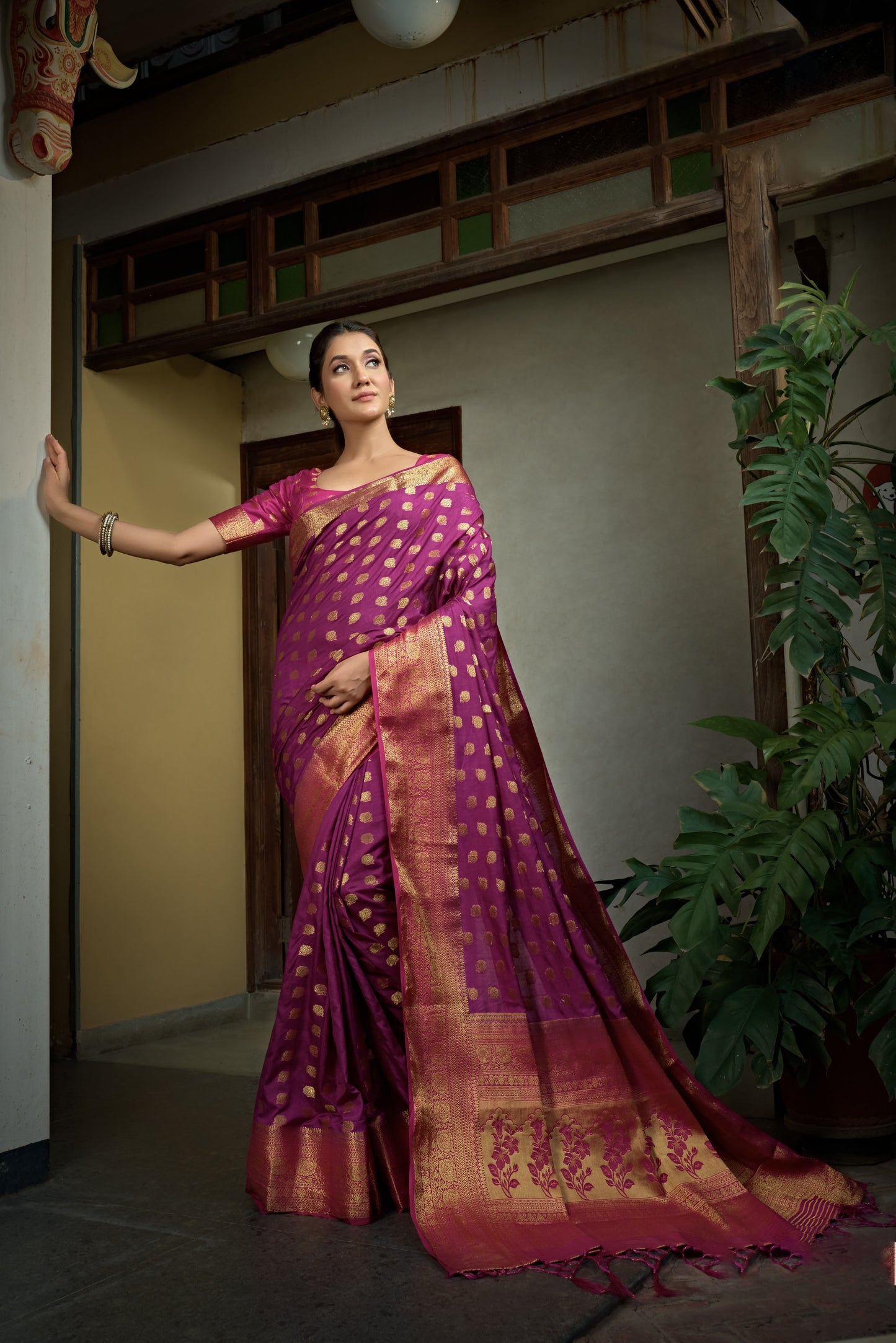 Magenta Pink Color Golden Zari Banarasi Raw Silk Saree