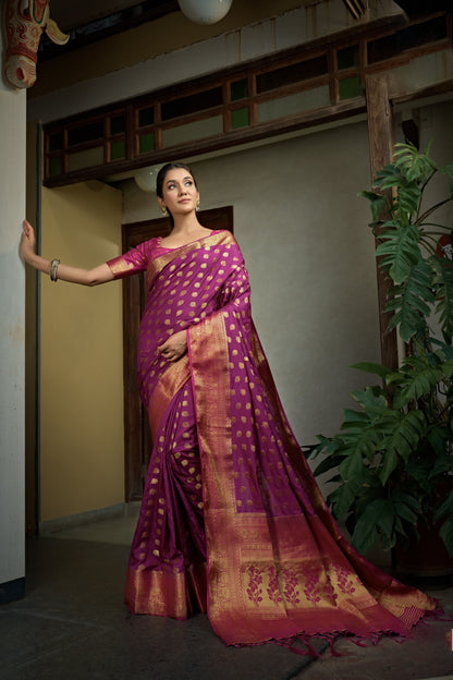 Magenta Pink Color Golden Zari Banarasi Raw Silk Saree