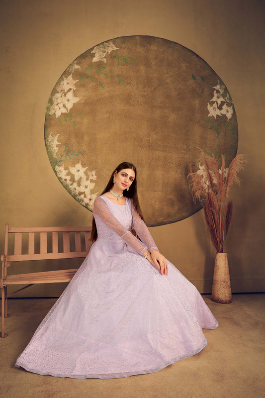 Violet Net Metalic Foil Work Partywear Gown