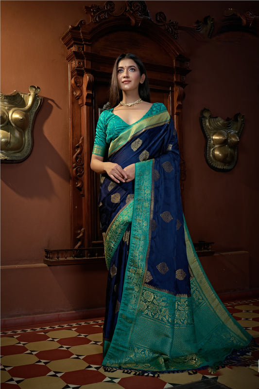 Blue & Green Golden Zari Banarasi Satin Silk Saree