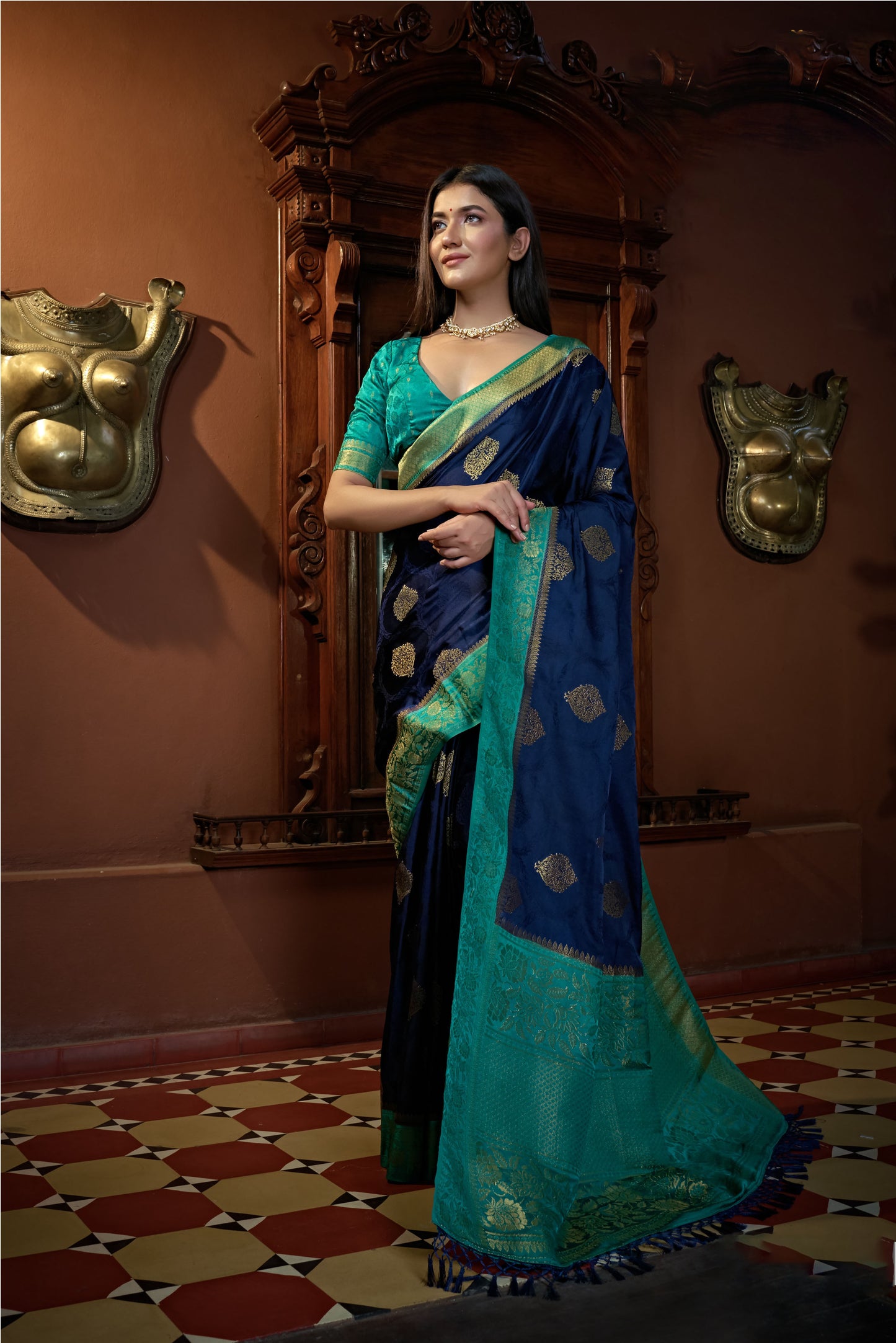 Blue & Green Golden Zari Banarasi Satin Silk Saree
