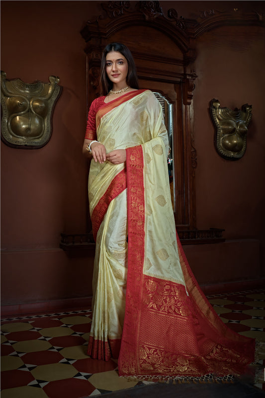 White Color Golden Zari Banarasi Satin Silk Saree