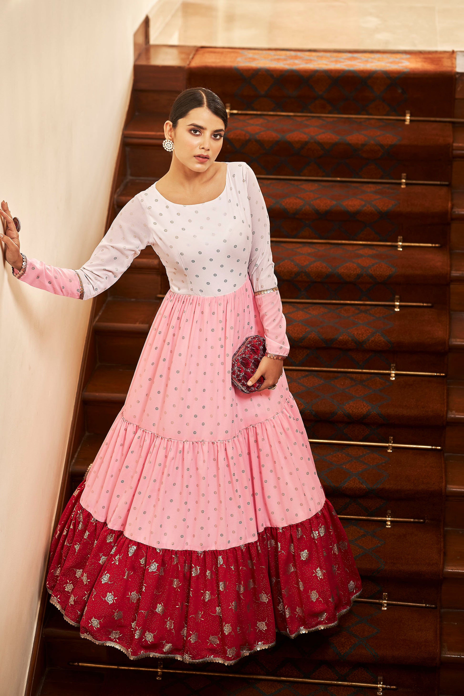 White and Pink Georgette Metalic Foil Work Partywear Gown
