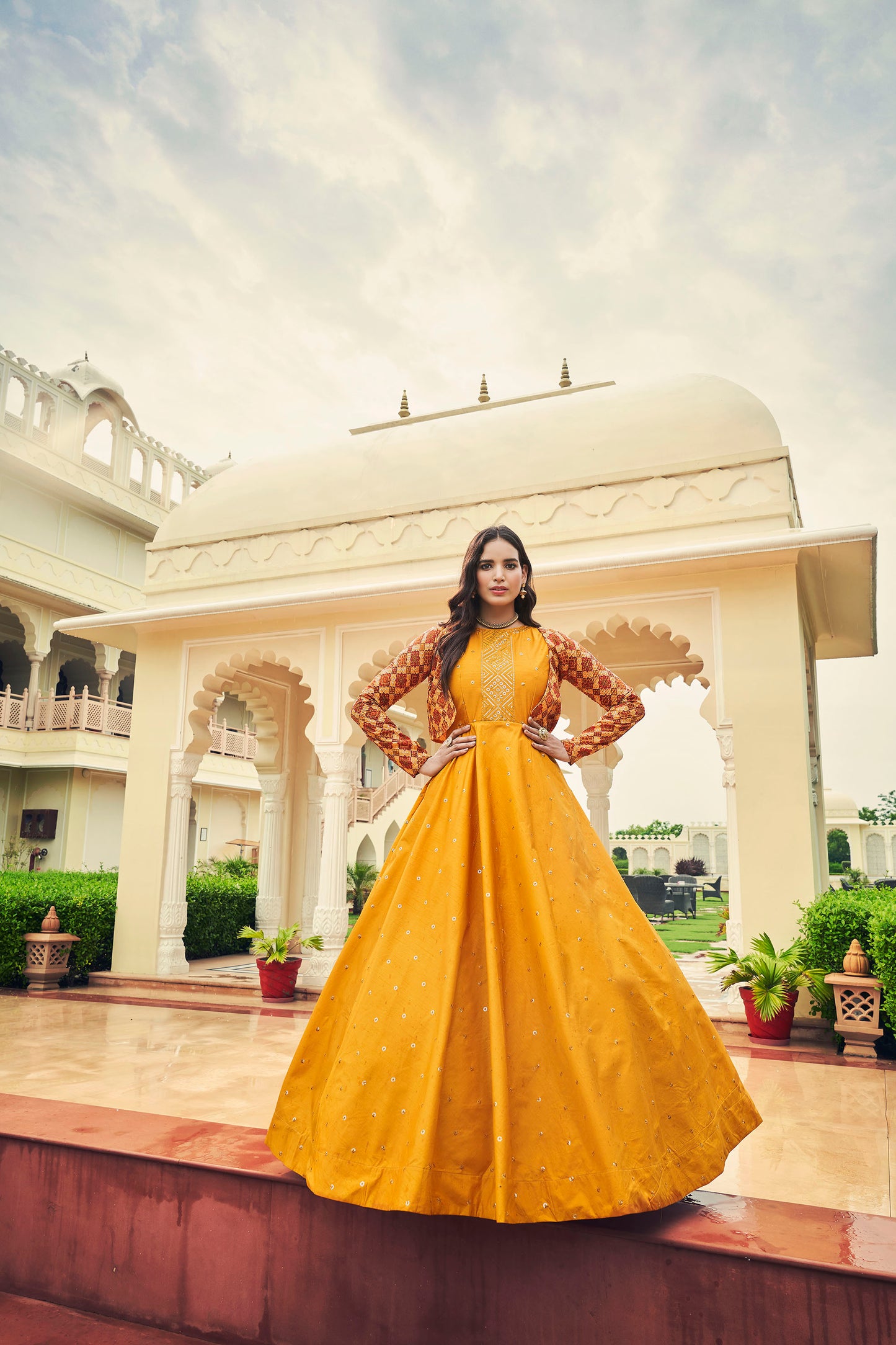 mustard yellow dress for haldi Mustard Yellow Cotton Sequence Embroidery Gown for Haldi-FV4761 Mohi fashion