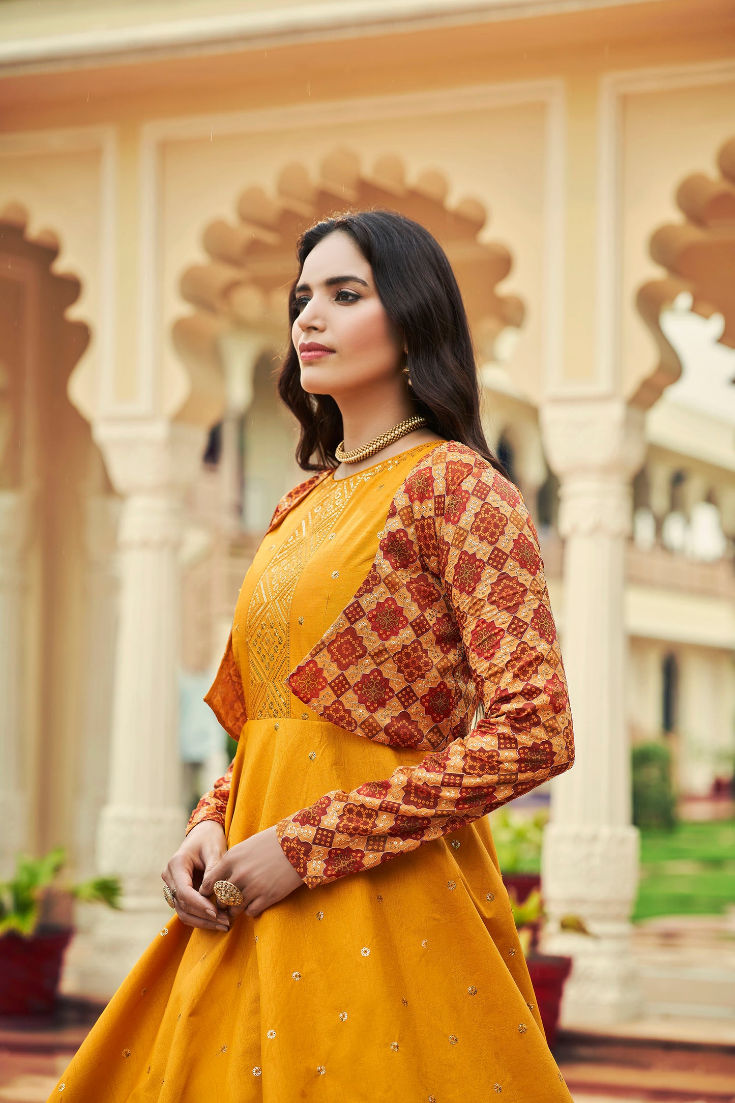 Mustard Yellow Cotton Sequence Embroidery Gown