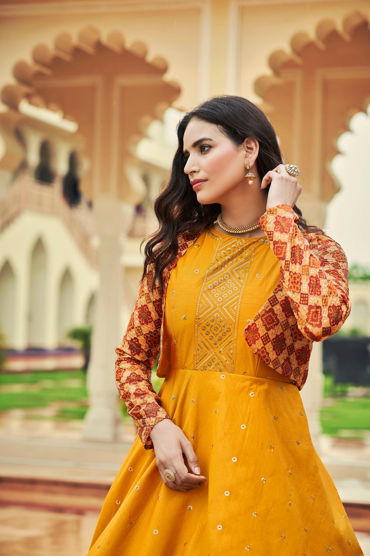 mustard yellow dress for haldi Floral printed mustard yellow silk lehenga choli for haldi