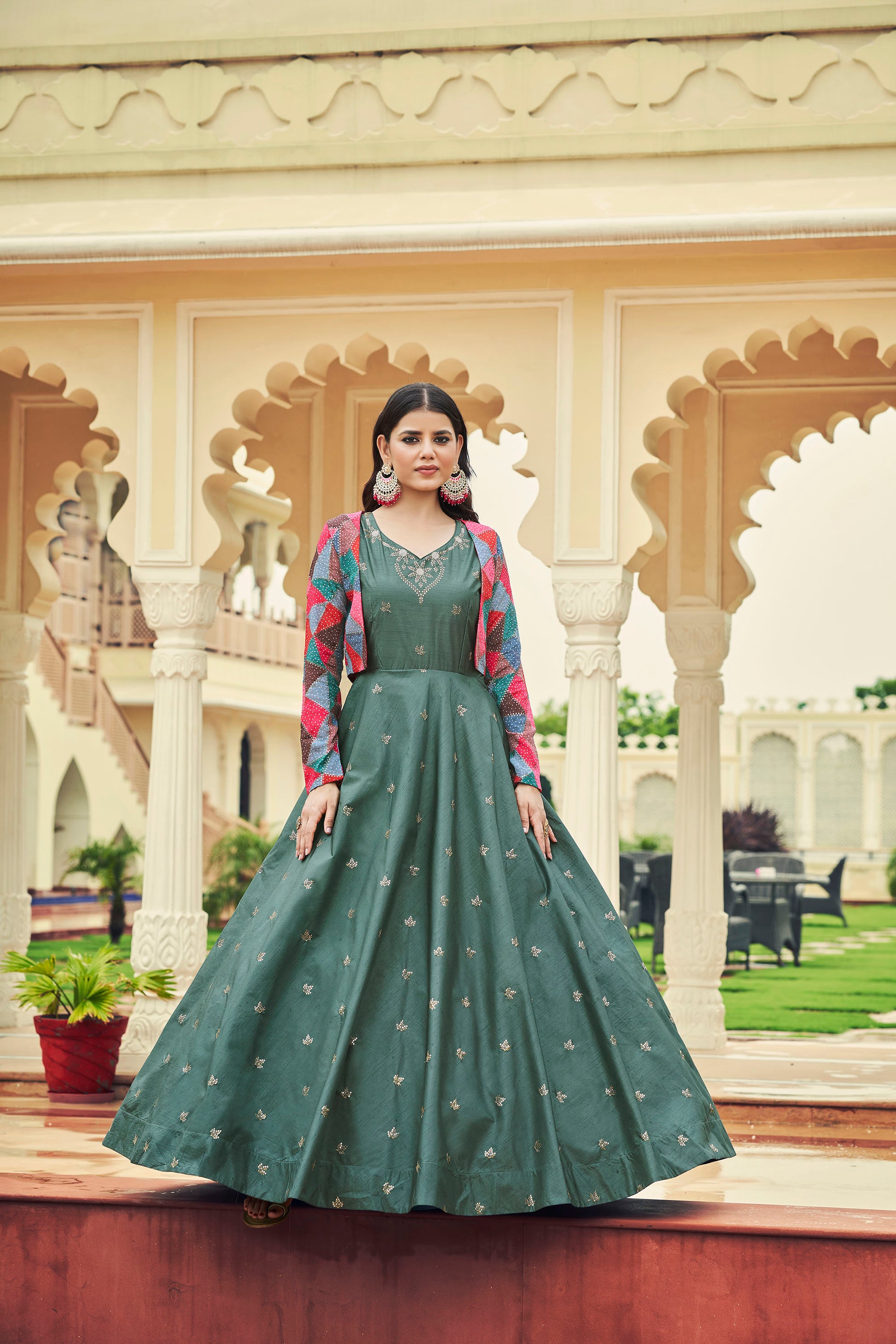 Dusty Green Cotton Sequence Embroidery Gown