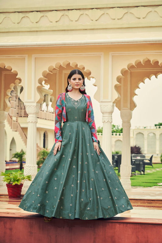Dusty Green Cotton Sequence Embroidery Gown