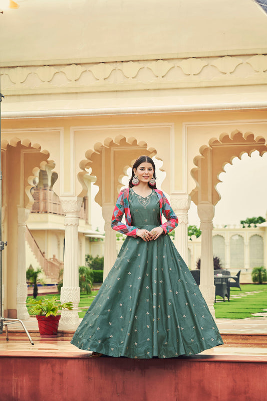 Dusty Green Cotton Sequence Embroidery Gown