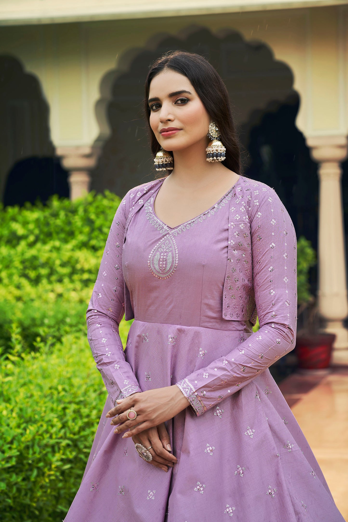 Light Purple Cotton Sequence Embroidery Gown