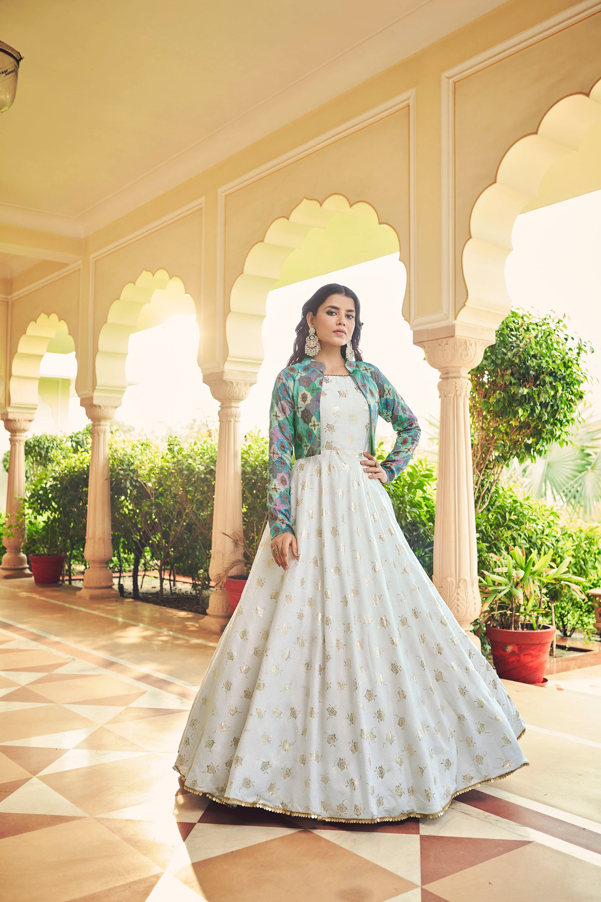 White Cotton Sequence Embroidery Gown