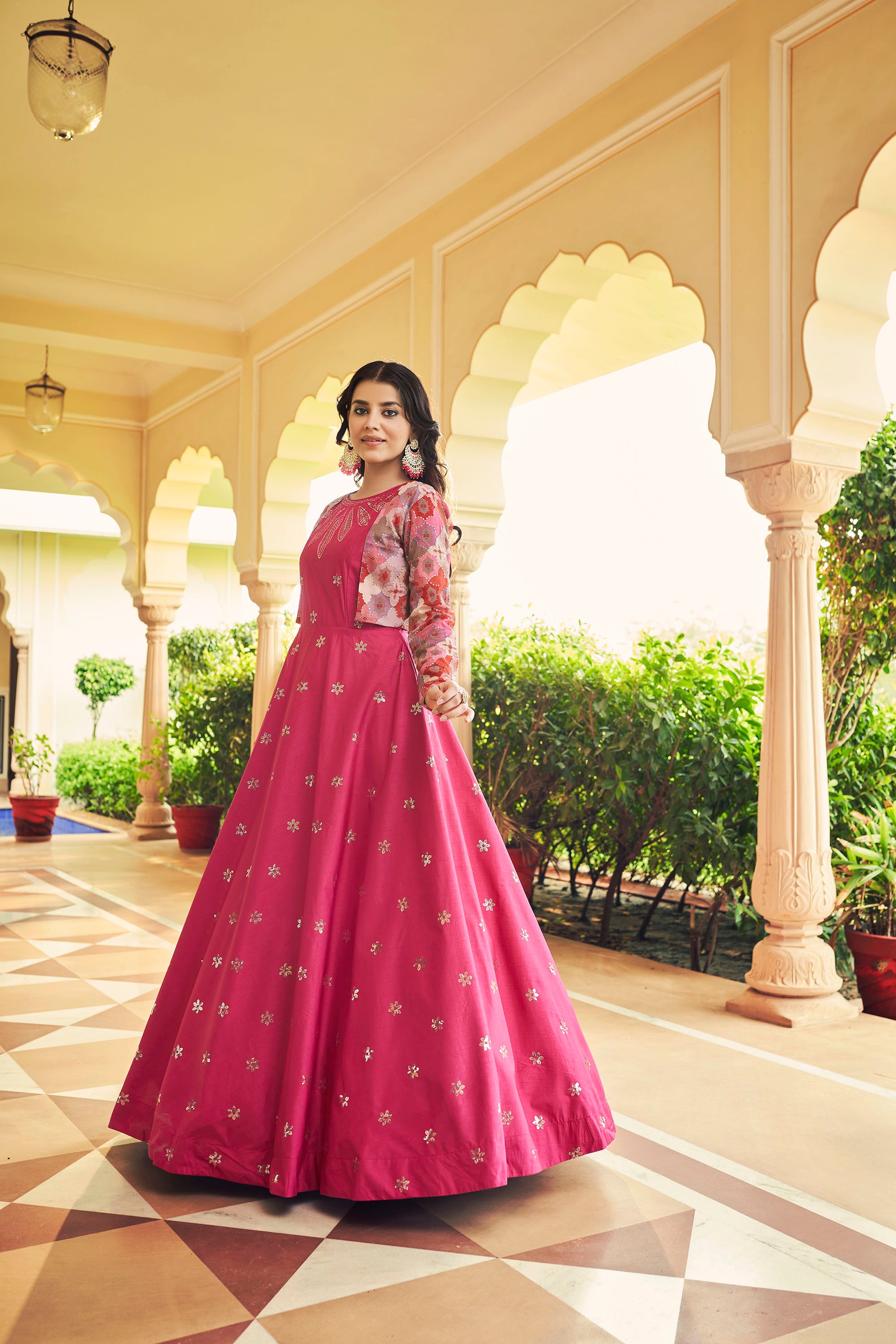 Pink Cotton Sequence Embroidery Gown for Mehendi