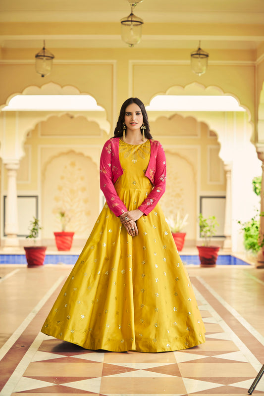 Yellow Cotton Sequence Embroidery Gown