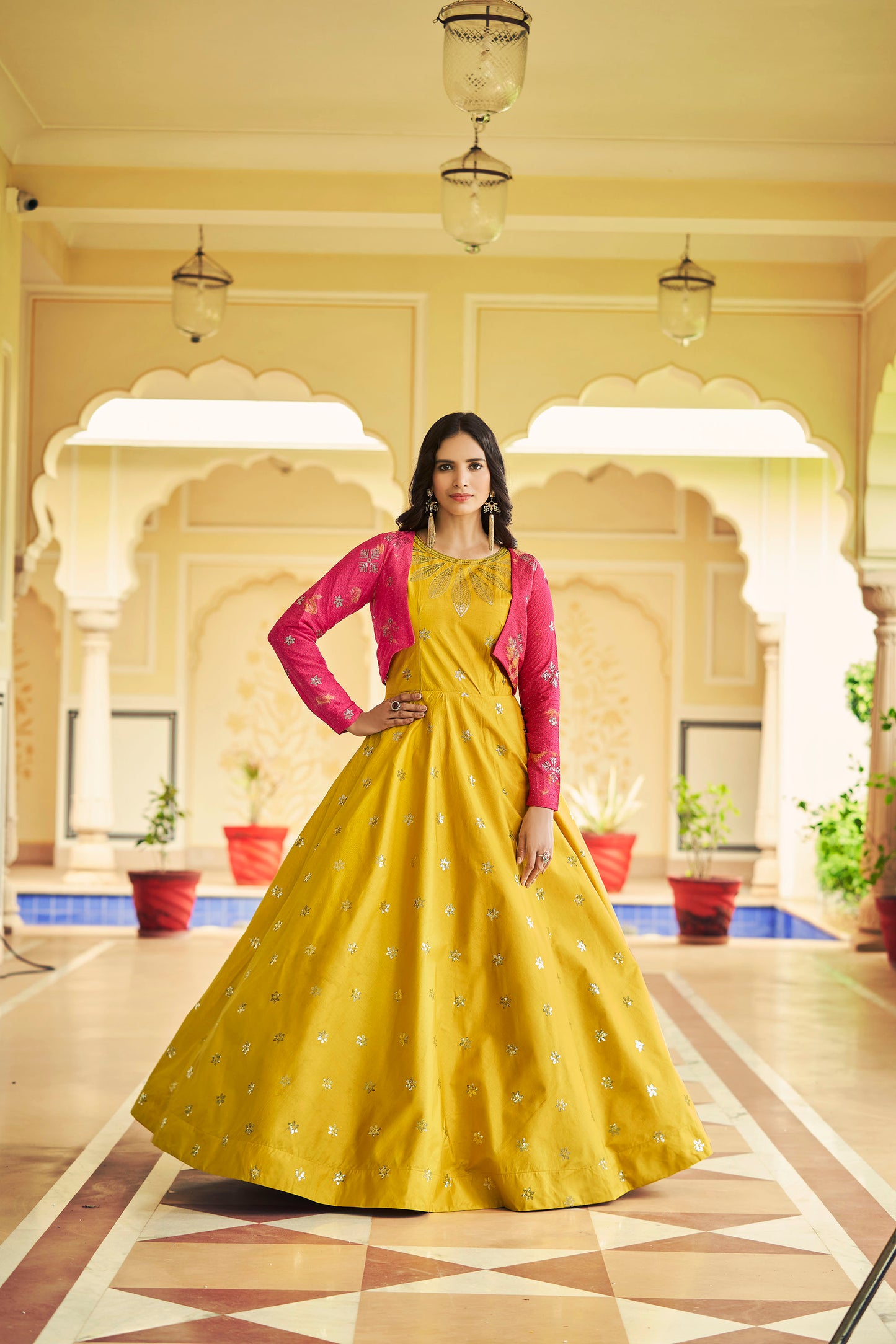Yellow Cotton Sequence Embroidery Gown