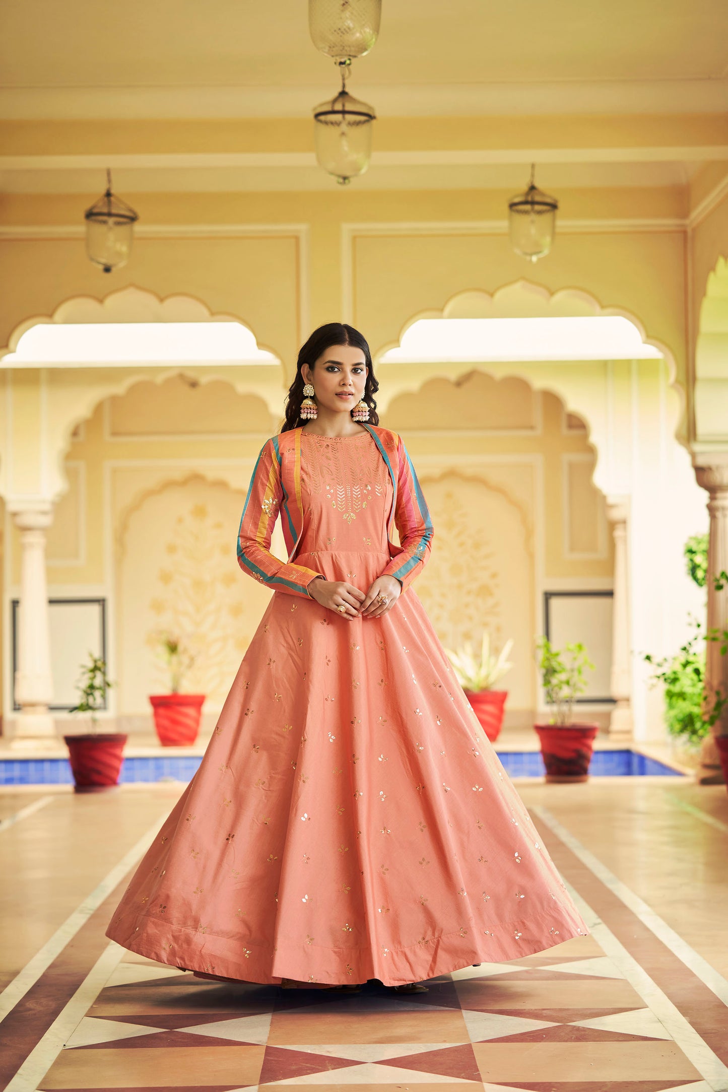 Peach Cotton Sequence Embroidery Gown