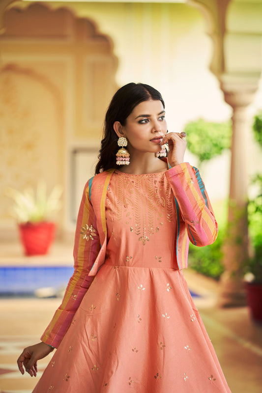 Peach Cotton Sequence Embroidery Gown
