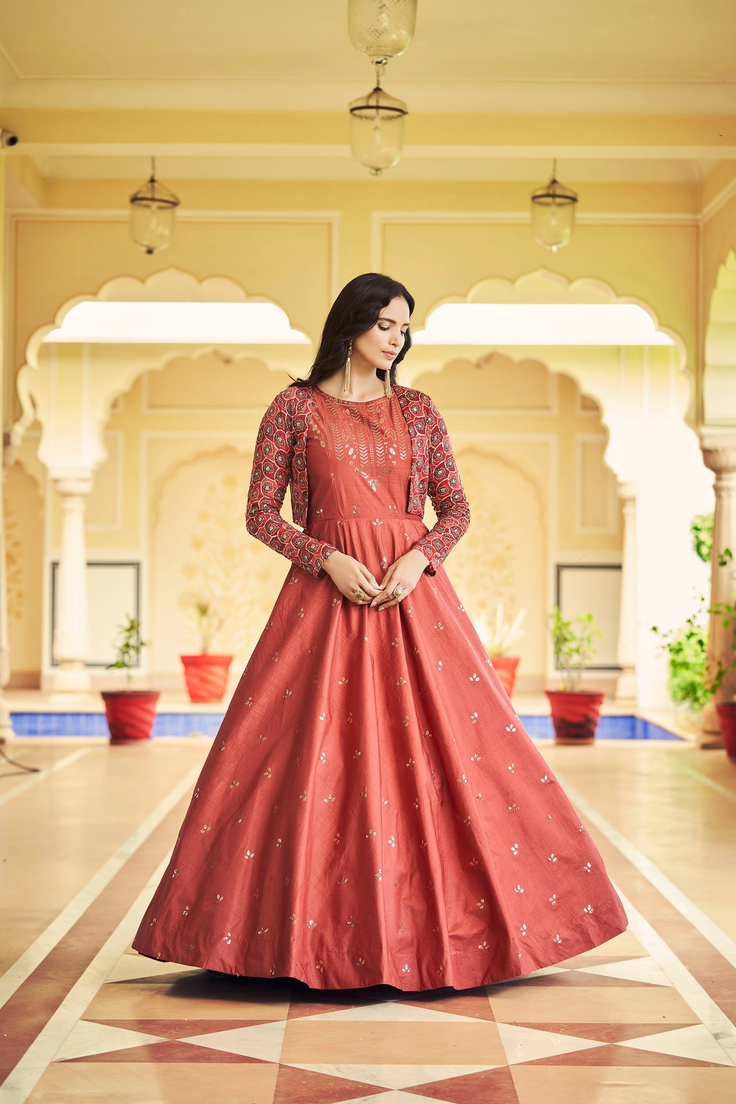Orange Cotton Sequence Embroidery Gown
