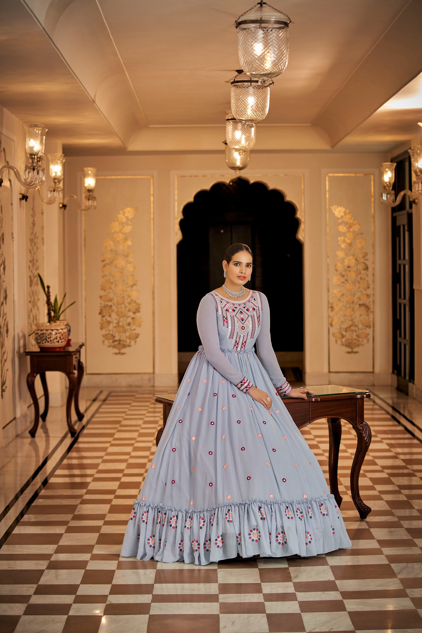 Light Blue Georgette Sequence Embroidery Gown