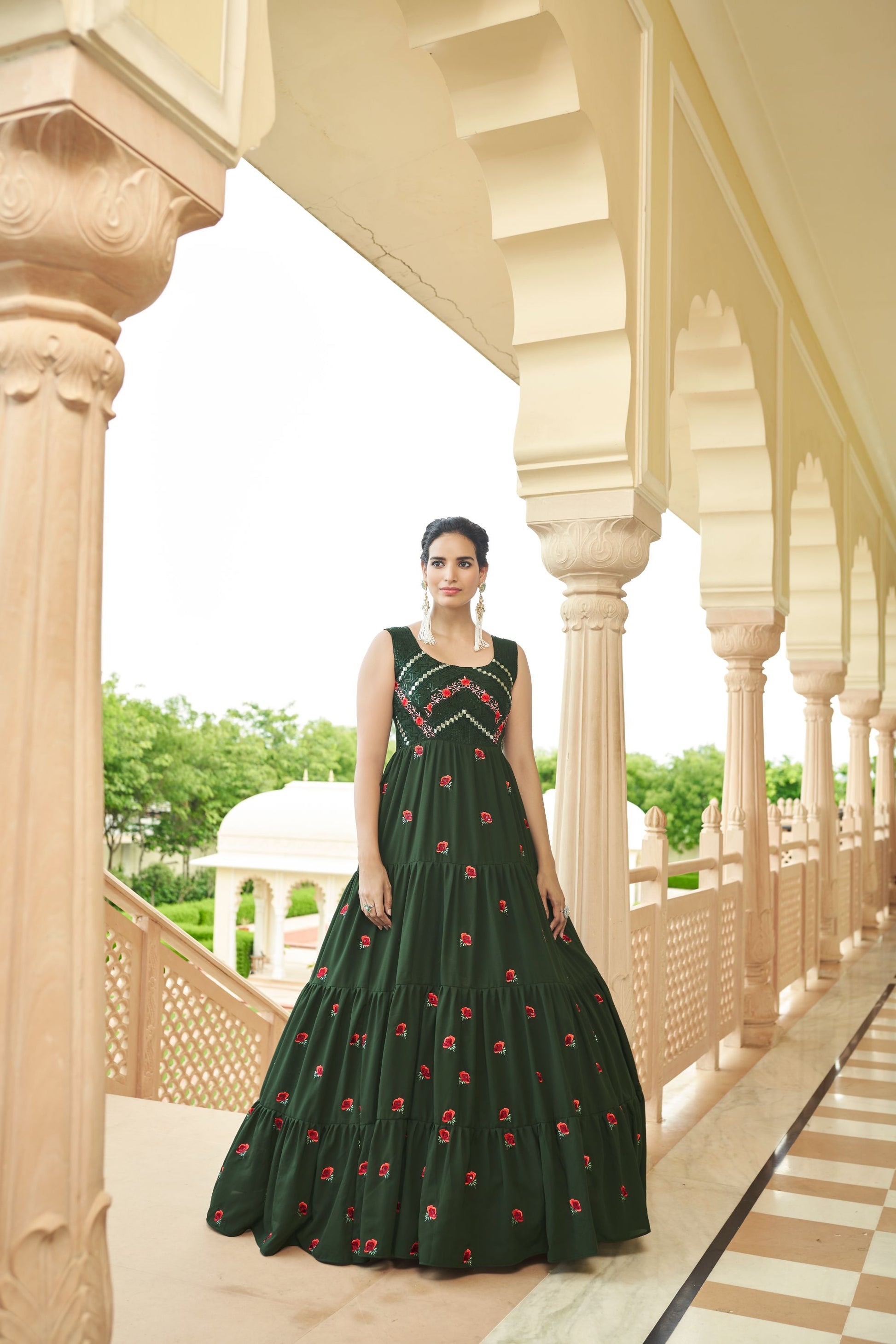 Olive Green Multi Embroidered Flared Anarkali Gown for Mehendi-4781 M Olive Green Multi Embroidered Flared Anarkali Gown for Mehendi-4781 M