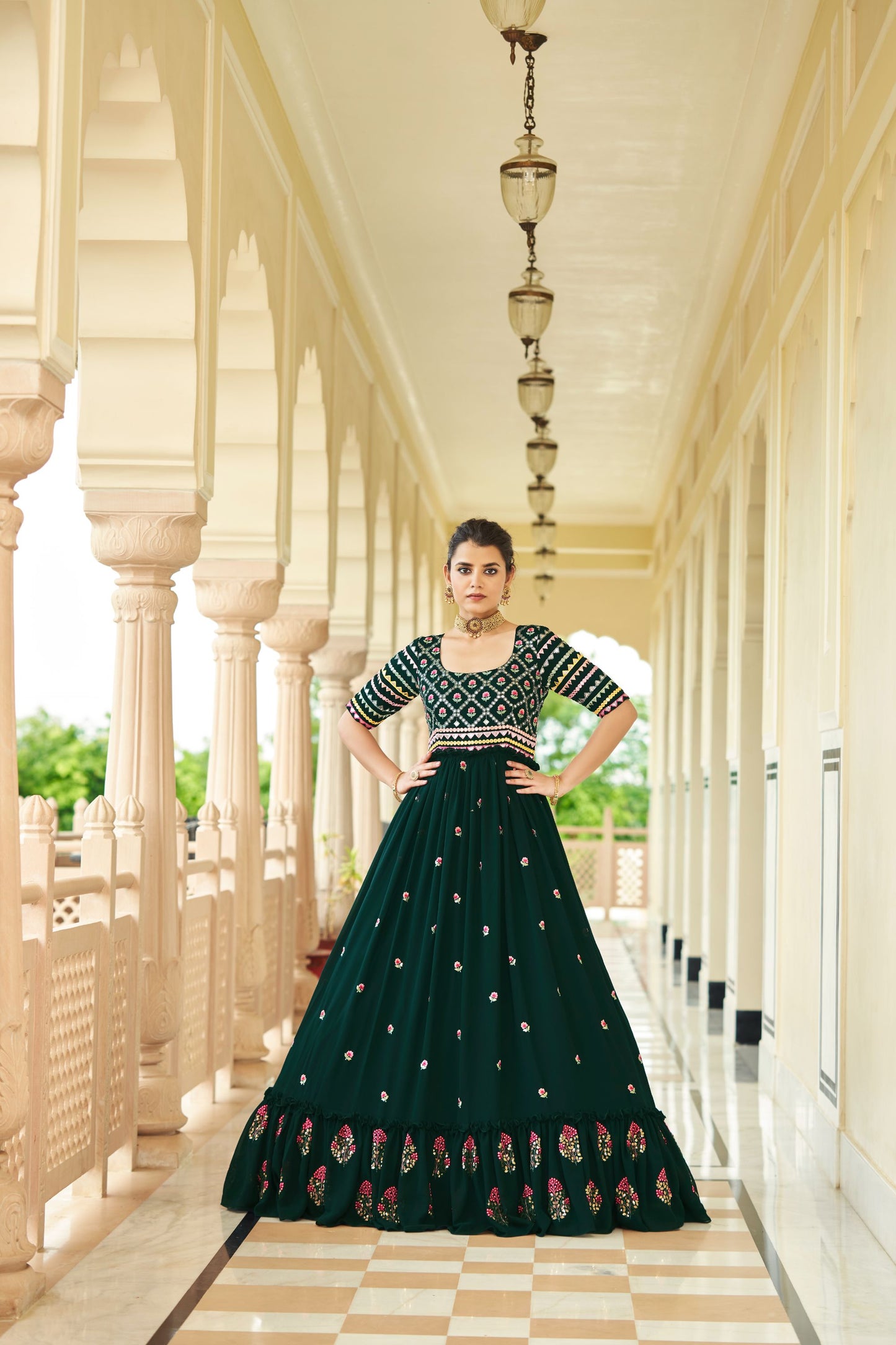 Dark Green Designer Work Flared Anarkali Gown for Mehndi-4782 Mohi fashion Dark Green Designer Work Flared Anarkali Gown for Mehndi-4782 Mohi fashion