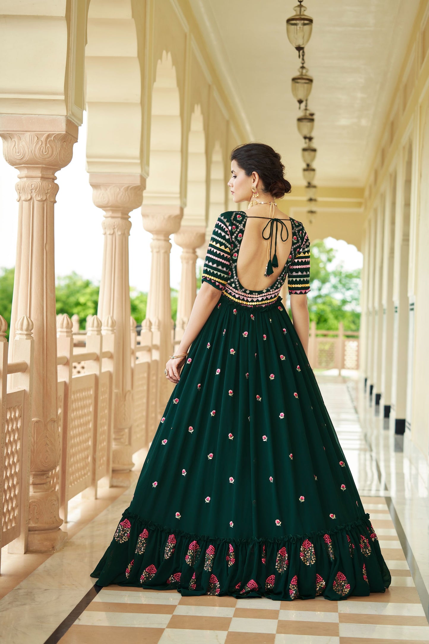 Dark Green Designer Work Flared Anarkali Gown for Mehndi