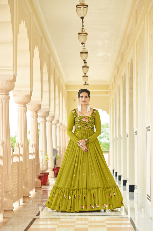 Green Shibori Print Sequence Georgette Anarkali Gown for Mehendi