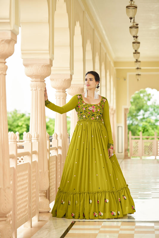Green Shibori Print Sequence Georgette Anarkali Gown for Mehendi