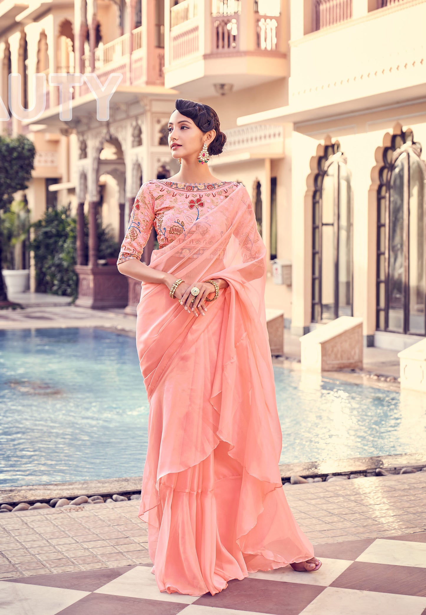 Peach Color Sequins Work Organza Frill Saree
