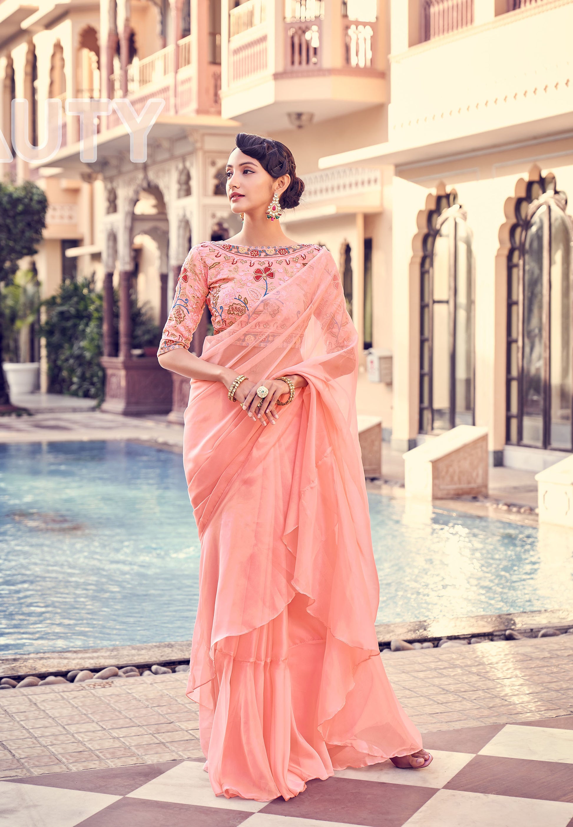 Peach Color Sequins Work Organza Frill Saree