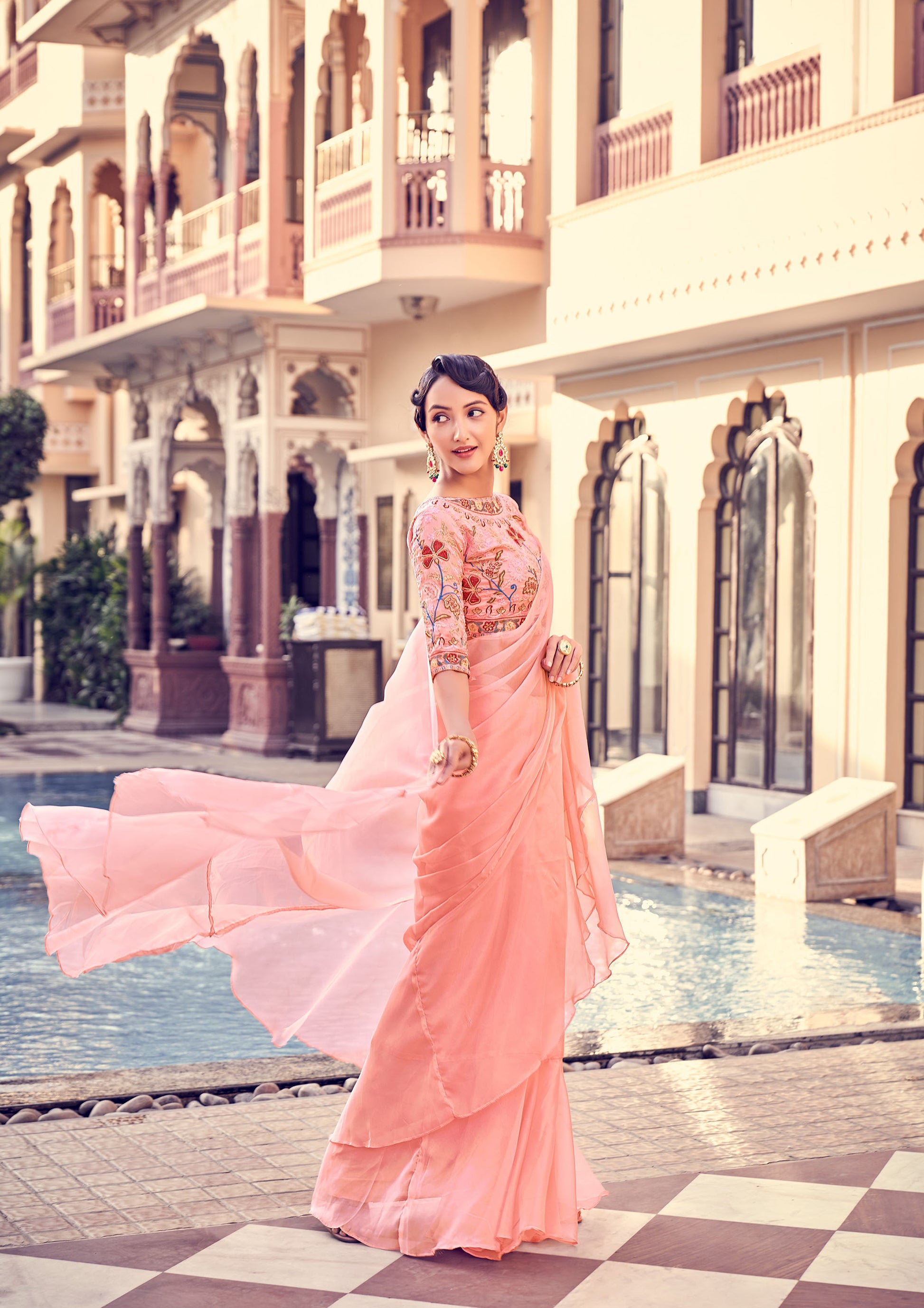 Peach Color Sequins Work Organza Frill Saree