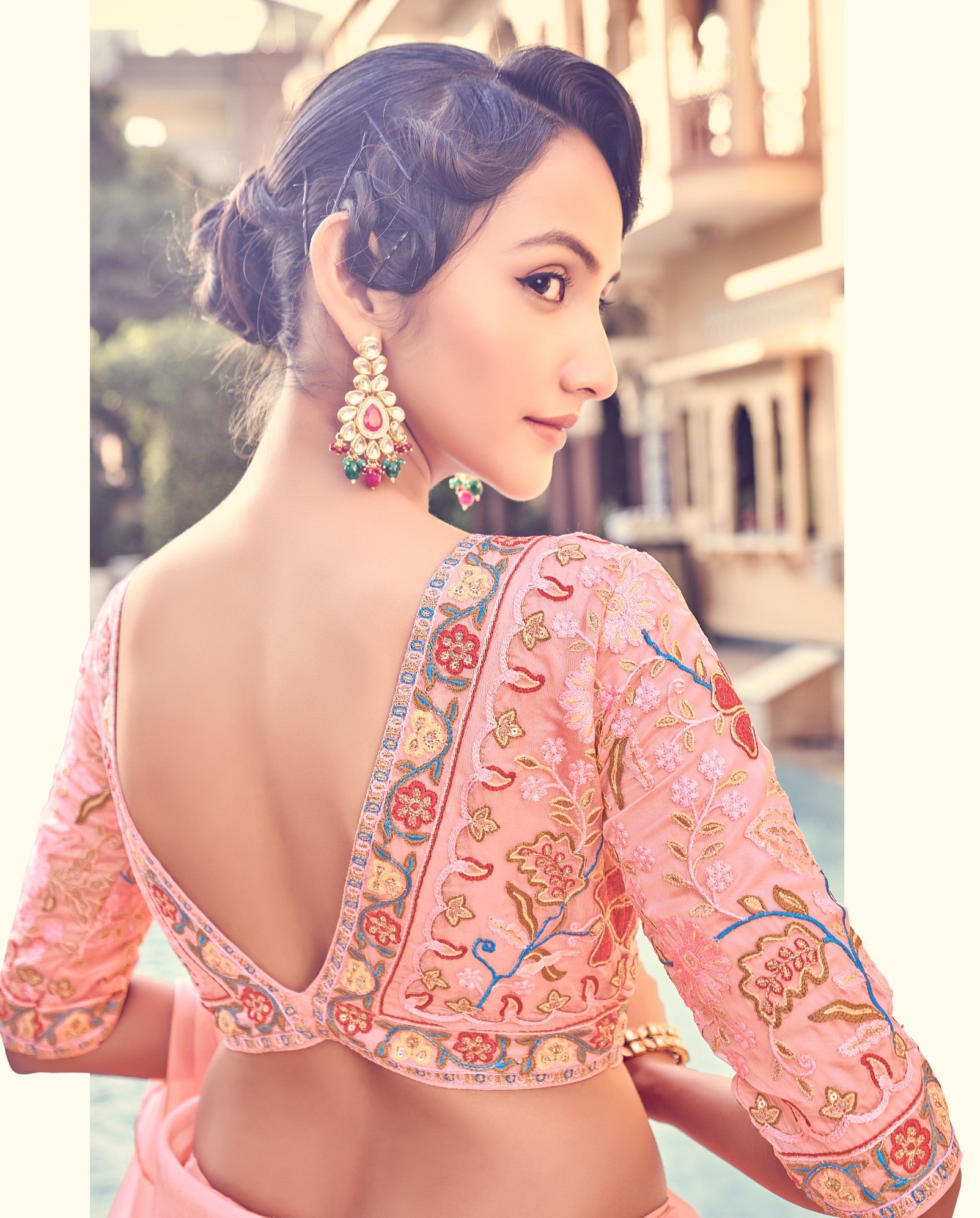 Peach Color Sequins Work Organza Frill Saree